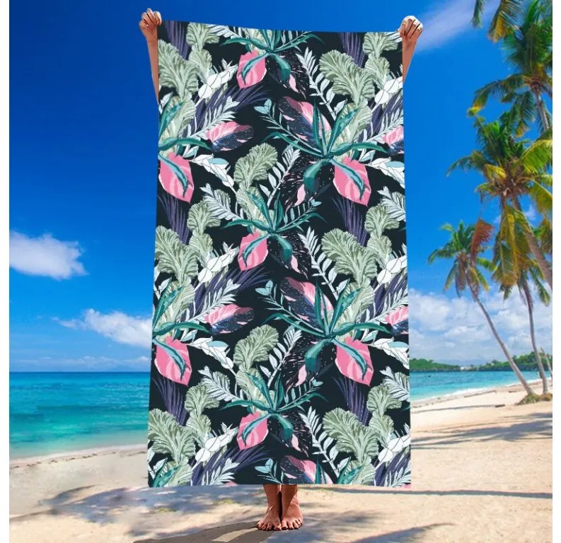 Set de plaja NIGHT BLOSSOM – prosop 100×180 cm si poncho 80×145 cm, negru