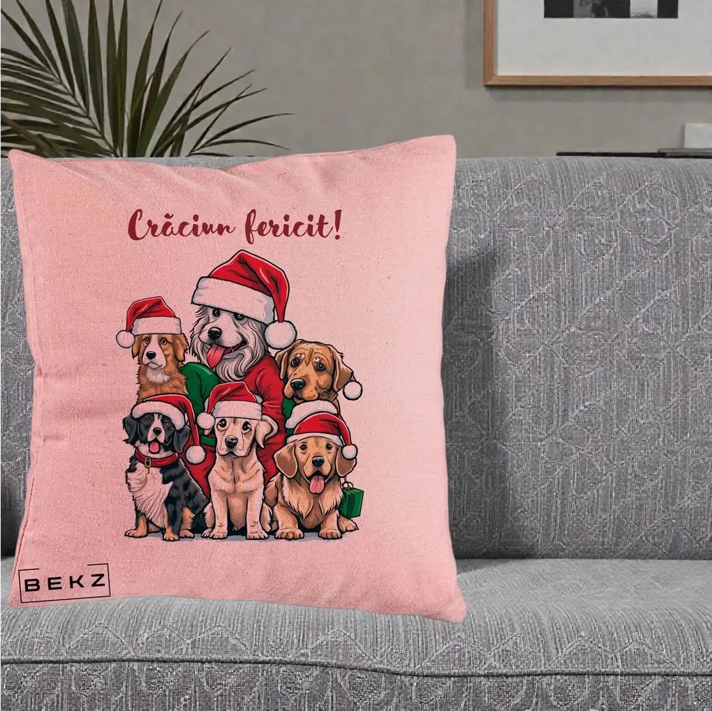 Perna Decorativa Caini cu Bonete Craciun Fericit, 40x40 cm, Roz, Husa Detasabila, Perna Inclusa, BEKZ®