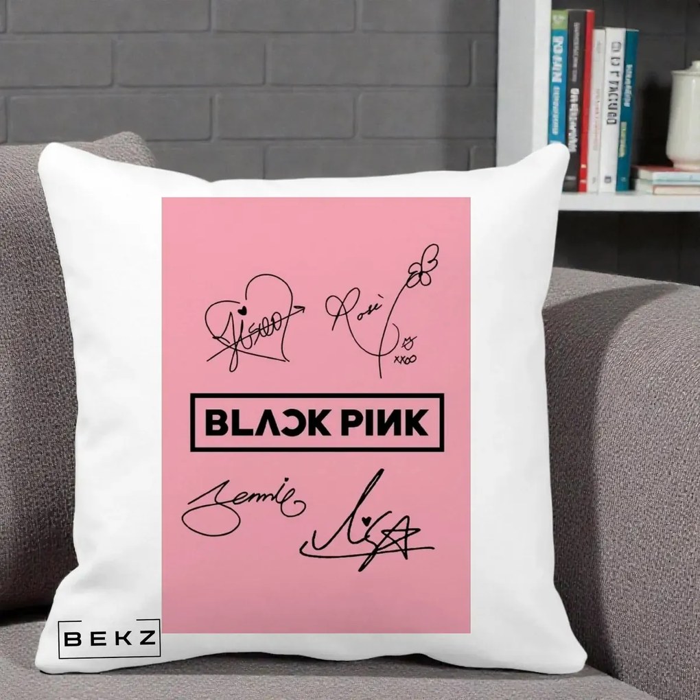 Perna Personalizata K-pop BLACKPINK Semnaturi Roz, 40x40 cm, Alba Mata, Husa Detasabila, Perna Inclusa, BEKZ®