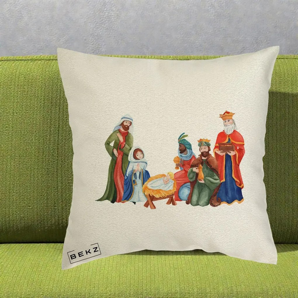 Perna Decorativa Nasterea Domnului Cei Trei Magi Acuarela, 40x40 cm, Ecru, Husa Detasabila, Perna Inclusa, BEKZ®