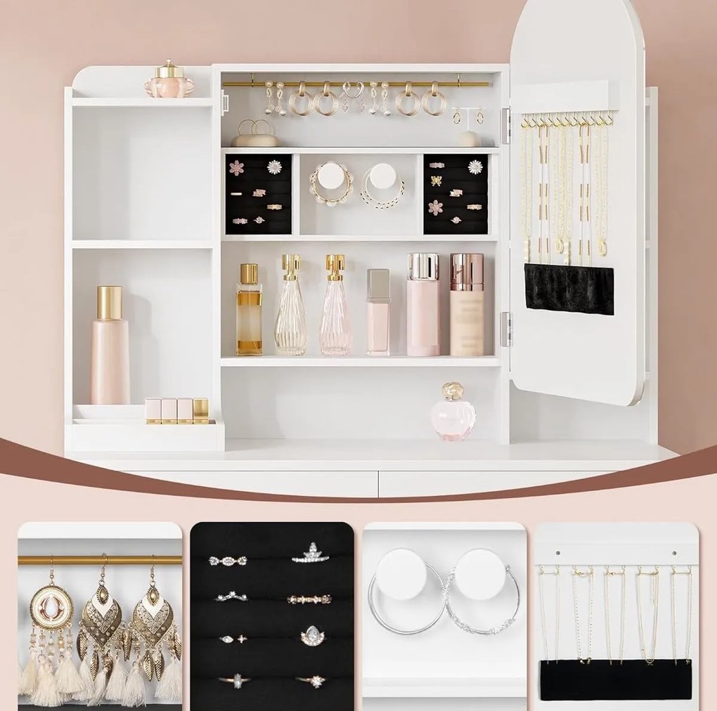 Masuta machiaj cu Oglinda LED si 2 Sertare pentru Cosmetice, Set Masa toaleta 90 cm, Alb, masuta cosmetica, vanity - SEA910