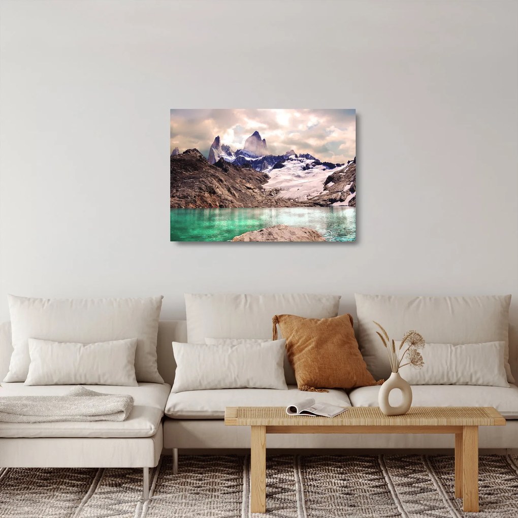 Tablou pe sticlă cu lac montan (70x50 cm)