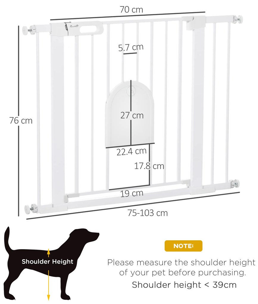 PawHut Barieră Reglabilă pentru Câini cu Ușă Mică, Montare prin Presiune și Închidere Automată, Dimensiune 75-103x76 cm, Alb | Aosom România