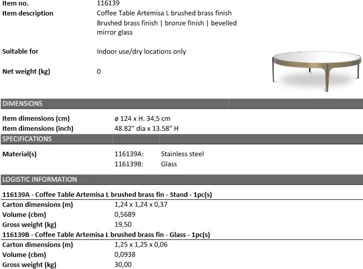 Masuta de cafea design LUX Artemisa L, alama periata 116139 HZ