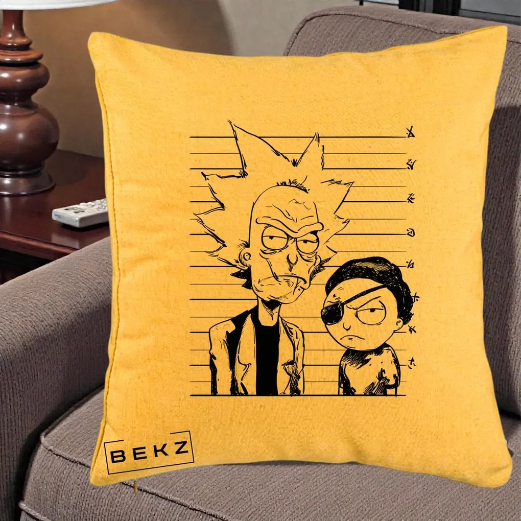 Perna Personalizata Rick si Morty Dosar, 40x40 cm, Galben, Husa Detasabila, Perna Inclusa, BEKZ®