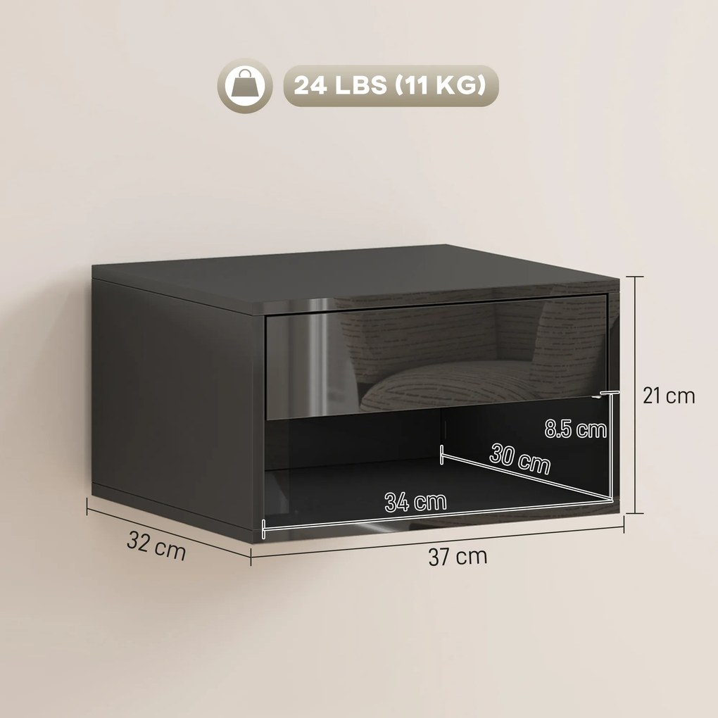 HOMCOM Set de 2 Noptiere suspendate Noptiere cu sertar pentru dormitor 37x32x21 cm Negru lucios | Aosom Romania