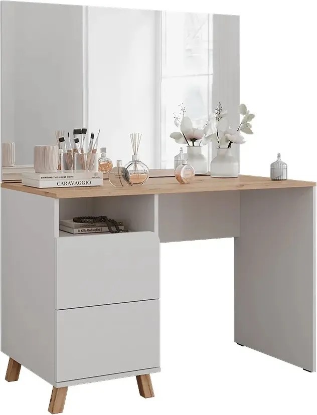 Masuta machiaj cu Oglinda LED si 2 Sertare pentru Cosmetice, Set Masa toaleta 110 cm, Alb, masuta cosmetica, vanity - SEA913