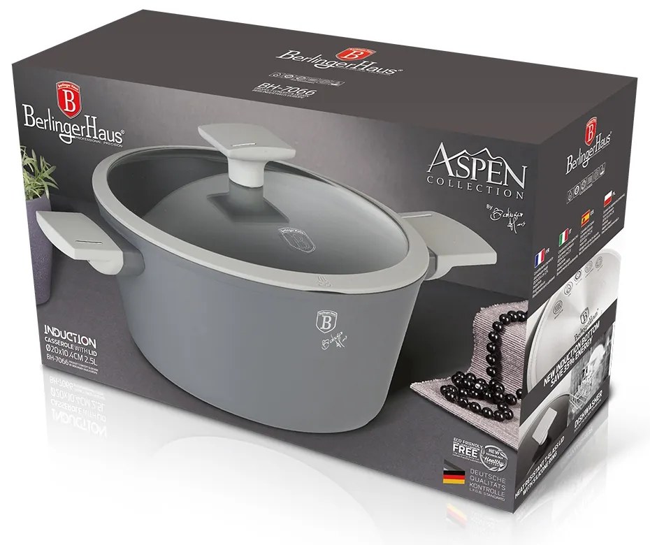 Oală antiaderentă cu titan 20 cm cu capac, 2.2 L Berlinger Haus BH 7066, Aspen Collection, pentru toate plitele