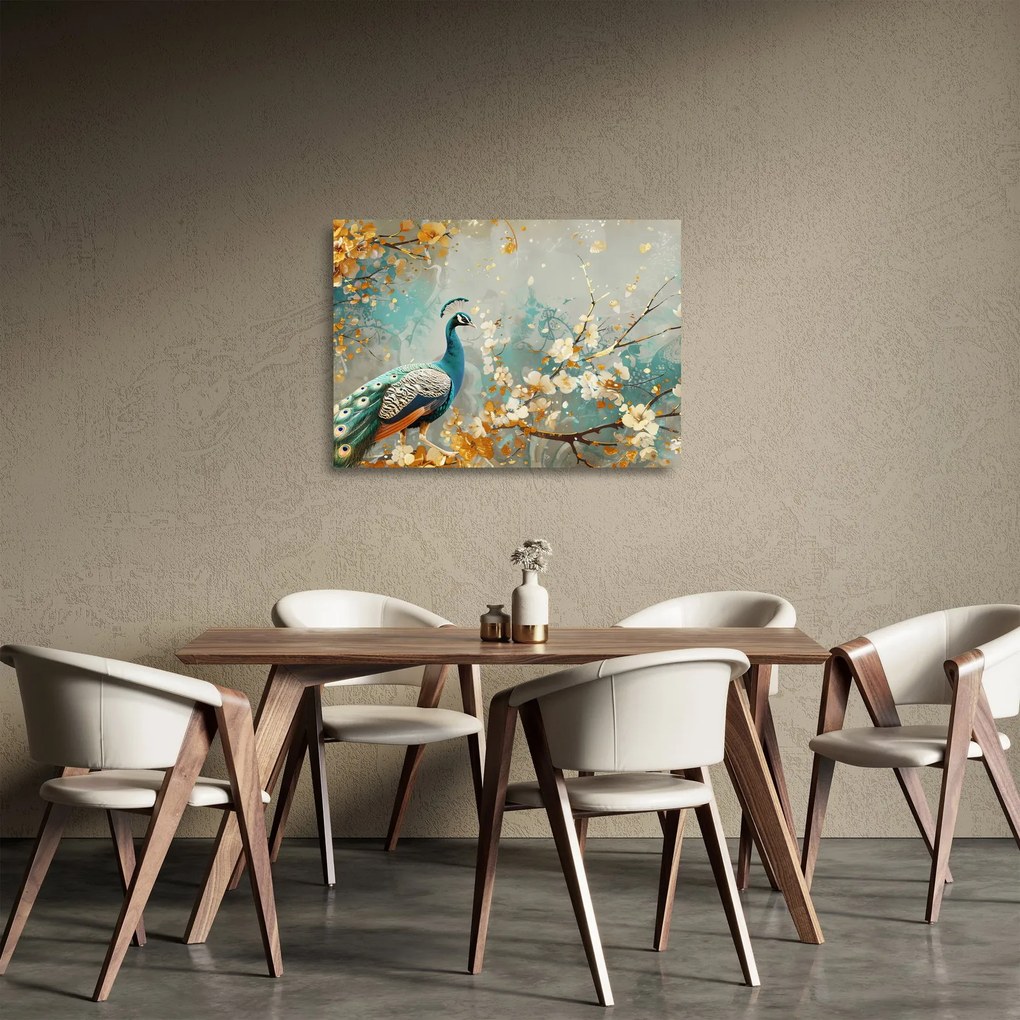 Tablou pe sticlă - Păun cu decor de aur (70x50 cm)