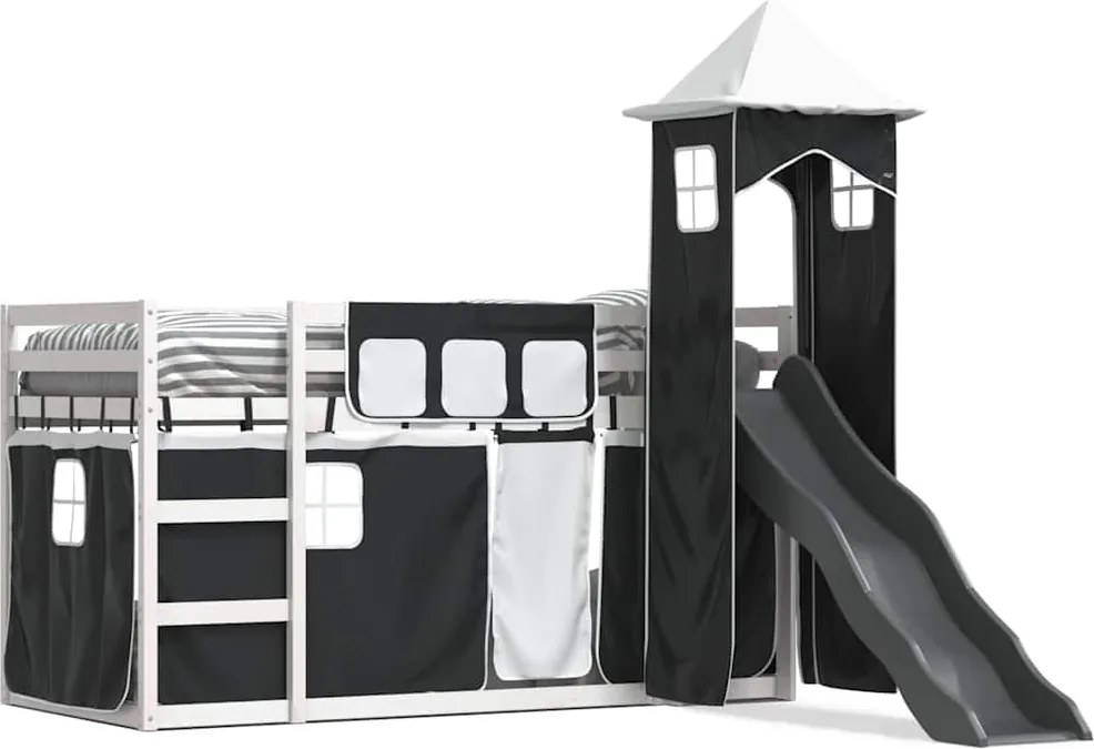 vidaXL Pat supraetajat cu tobogan și perdele, alb și negru, 90x190 cm