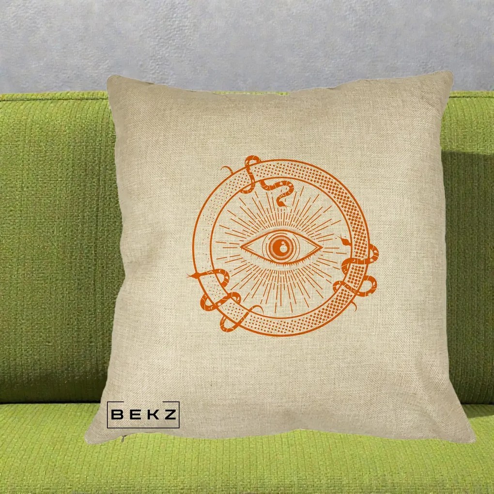 Perna Personalizata Ochiul Providentei Mistic Orange, 40x40 cm, Crem, Husa Detasabila, Perna Inclusa, BEKZ®
