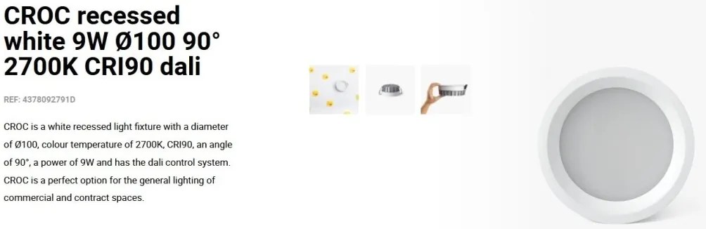 Spot LED incastrabil CROC IP44 recessed white 9W 10cm 90 grade 2700K CRI90 dali