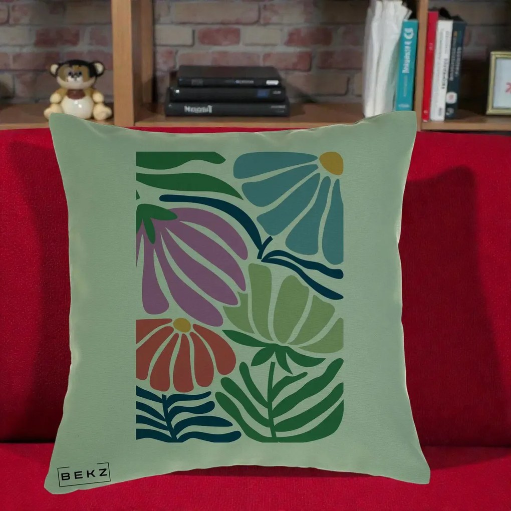 Perna Decorativa Flori Grafice Multicolore Modern, 40x40 cm, Verde, Husa Detasabila, Perna Inclusa, BEKZ®