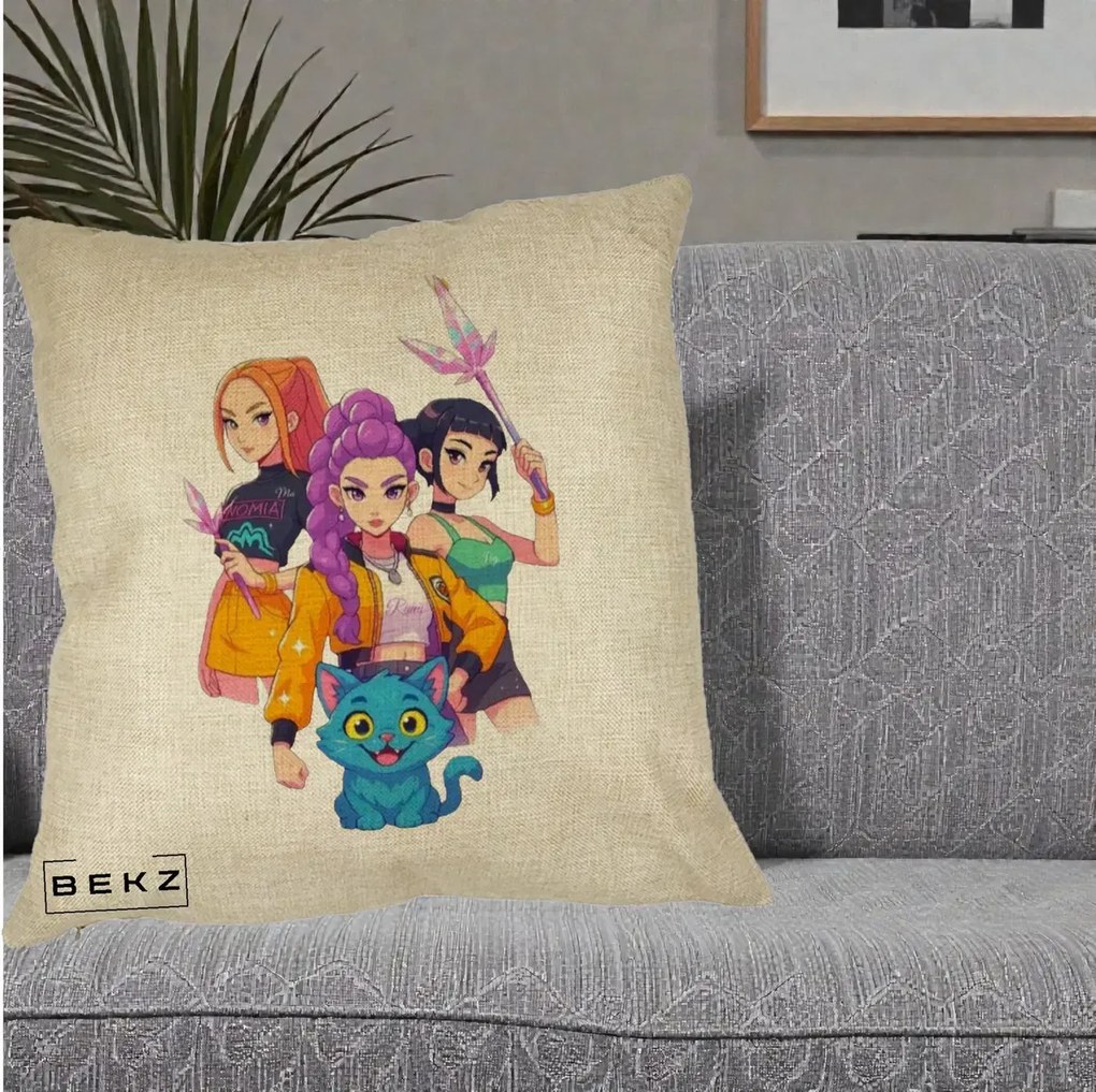 Perna Personalizata K-pop HUNTRX Trio cu Pisica si Cristale, 40x40 cm, Crem, Husa Detasabila, Perna Inclusa, BEKZ®