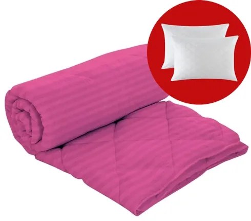 Set pilota iarna, umplutura lana, material damasc policoton, 140x210cm, matlasata, siclam, Pucioasa cu 2 perne, matlasate, antialergice, 50x70cm, albe, Pucioasa