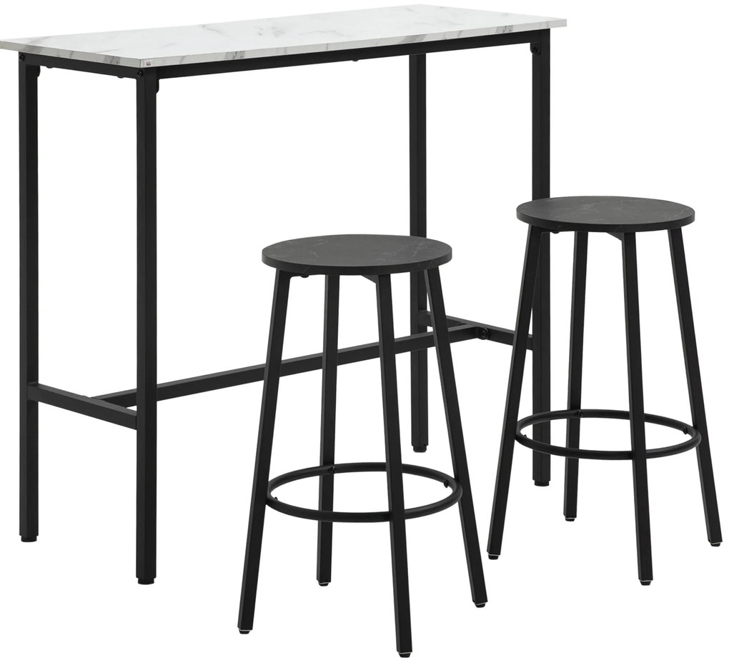 HOMCOM Set de bar pentru 2 persoane, 1 masă cu 2 scaune de bar, placă de masă în aspect de marmură albă, cadru din oțel | Aosom Romania
