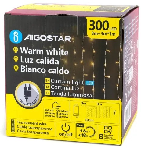 Aigostar - Ghirlandă LED exterior de Crăciun, 300 LED/6W/230V, 8 funcții, 3x1m, IP44, alb cald + telecomandă