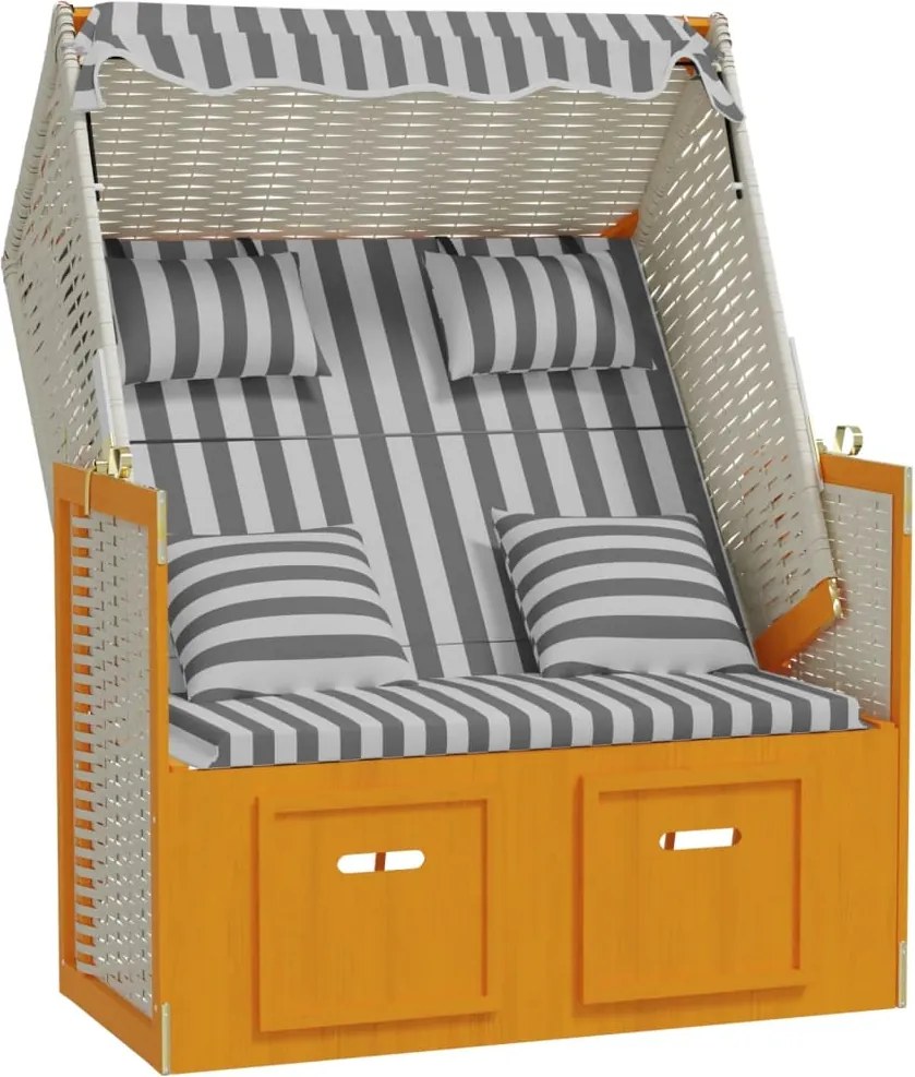 vidaXL Scaun de plajă cu perne, alb/gri, poliratan și lemn masiv