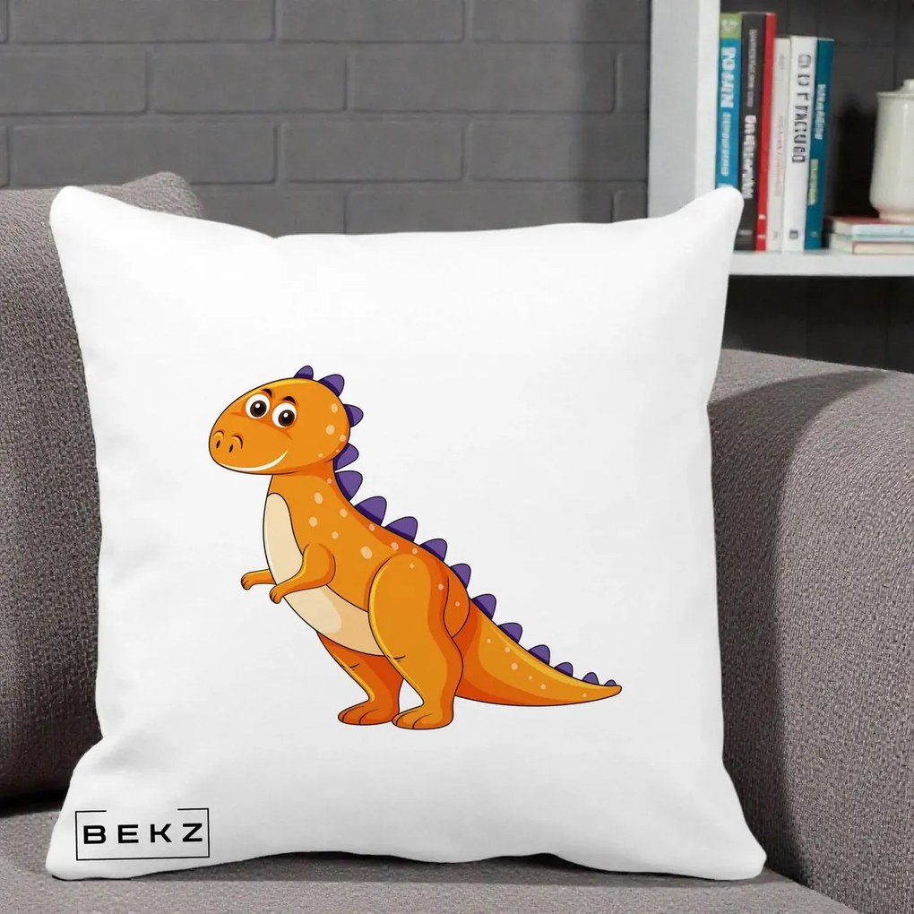 Perna Decorativa T-Rex Portocaliu, 40x40 cm, Alba Mata, Husa Detasabila, Perna Inclusa, BEKZ®