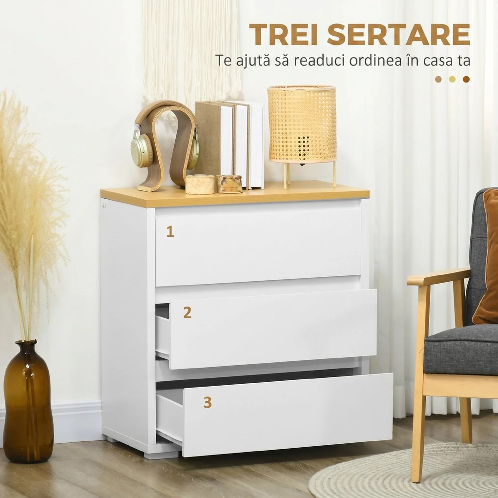 HOMCOM Comodă Depozitare, 3 Sertare, Mobilier Dormitor/Cameră de Zi, Alb/Lemn Natural | Aosom Romania