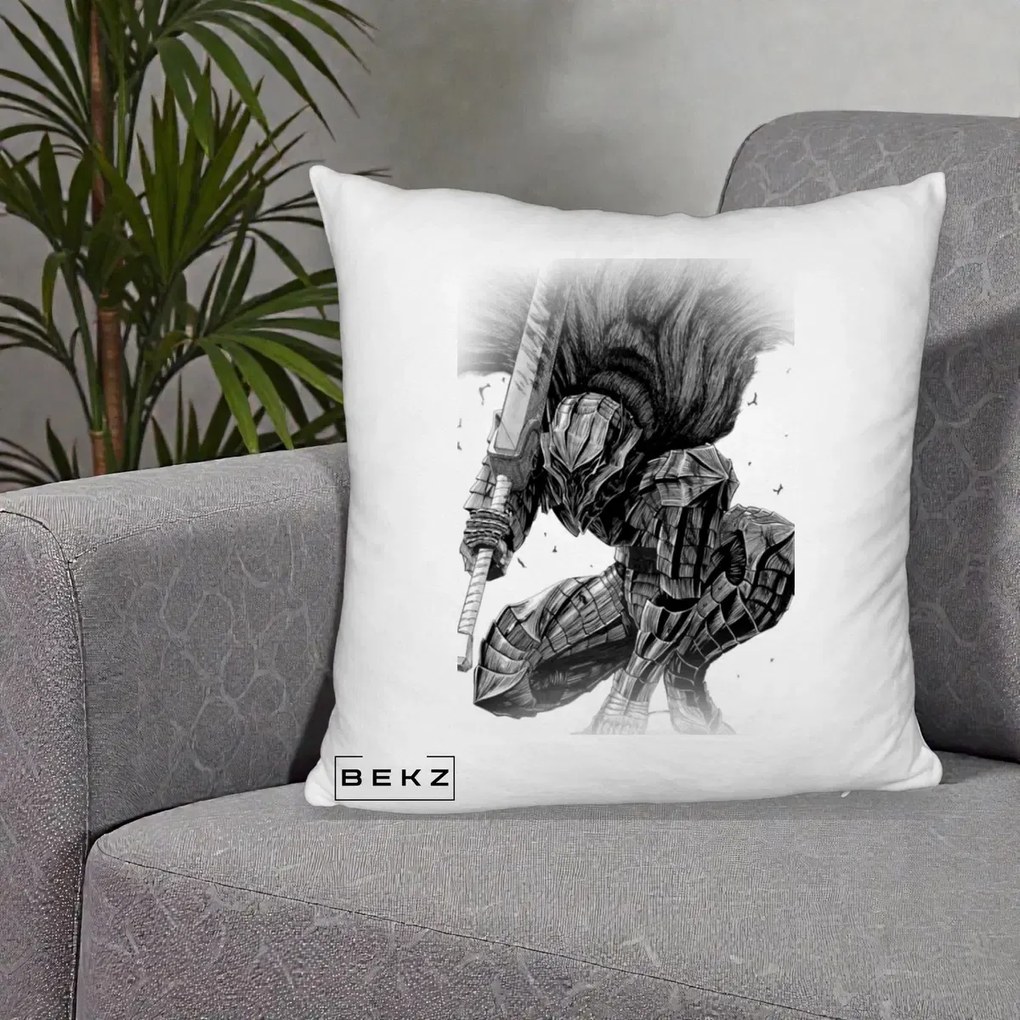 Perna Personalizata Berserk Guts Armor of Darkness Manga, 40x40 cm, Alb Pufos, Husa Detasabila, Perna Inclusa, BEKZ®