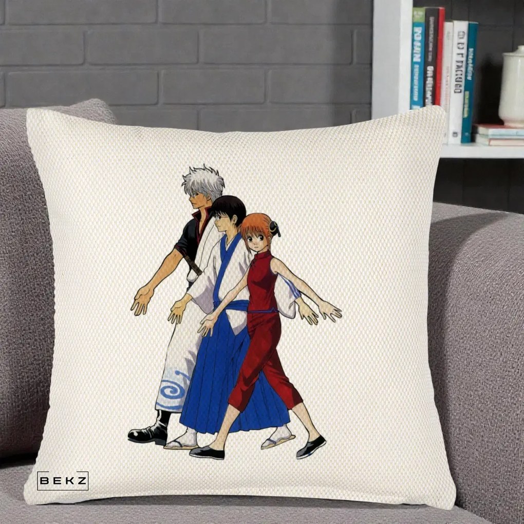 Perna Personalizata Gintama Trio Gintoki Shinpachi Kagura, 40x40 cm, Crem Reliefat, Husa Detasabila, Perna Inclusa, BEKZ®