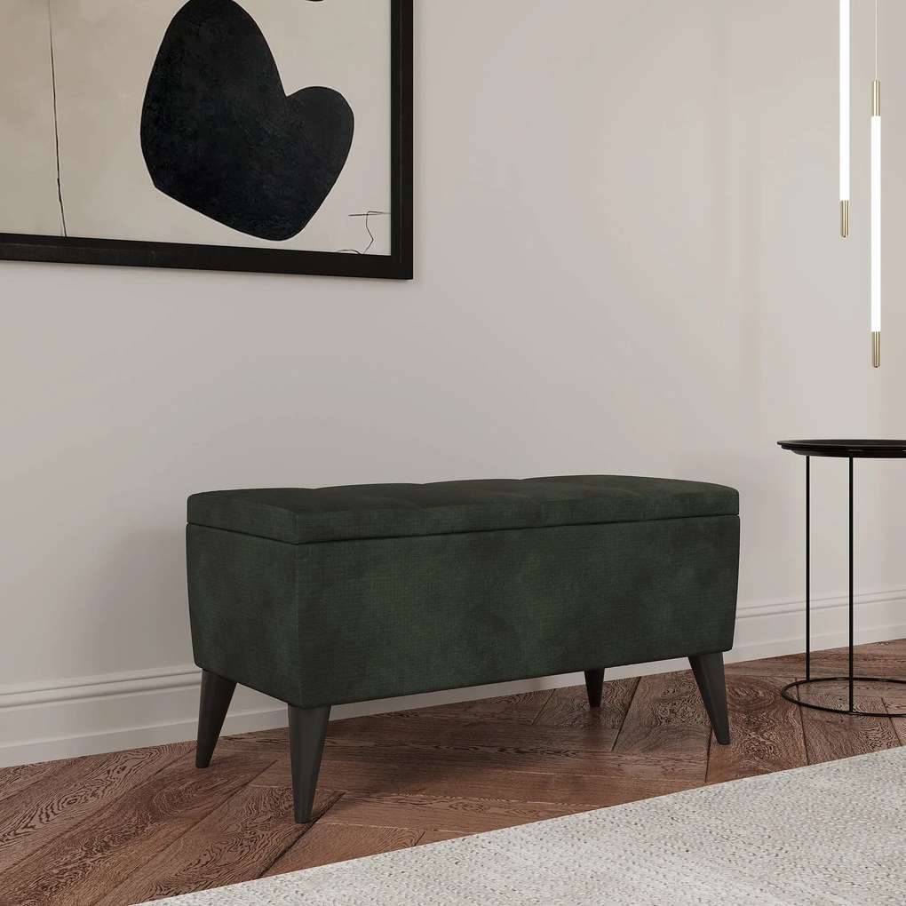 Bancheta Tapitata Mera, cu spatiu depozitare, Verde Inchis, Stofa, 80 x 37 x 42 cm