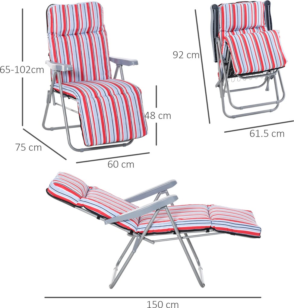 Outsunny Set de 2 șezlonguri pliabile cu pernă, șezlong de soare, spătar reglabil în 5 poziții, șezlong de grădină, set mobilier grădină, oțel, poliester, roșu, 60 x 75 x 65-102 cm | Aosom Romania