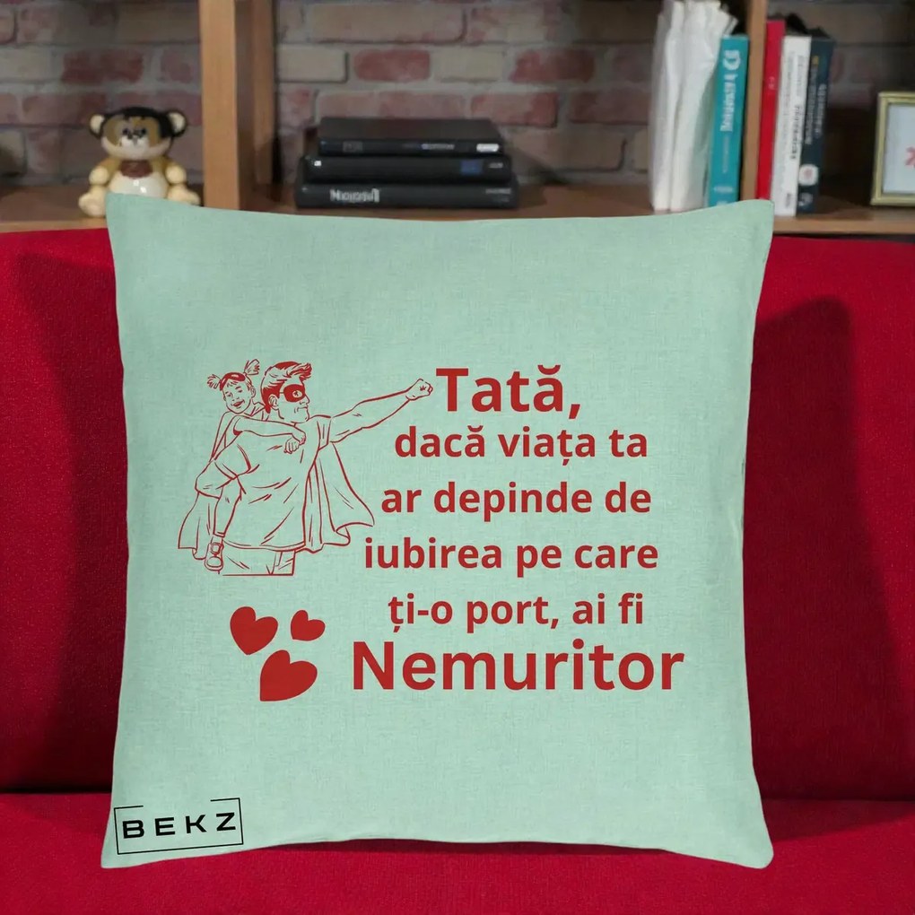 Cadou pentru Tata - Perna Personalizata Tata Nemuritor cu Fetita, 40x40 cm, Verde Menta, Husa Detasabila, Perna Inclusa, BEKZ®