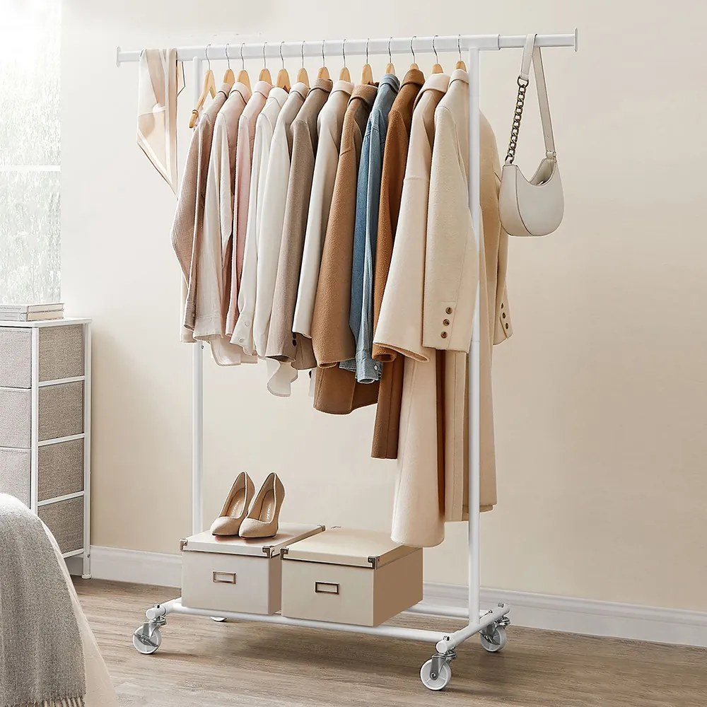 Suport pentru haine reglabil pe înălțime cu roți, alb
