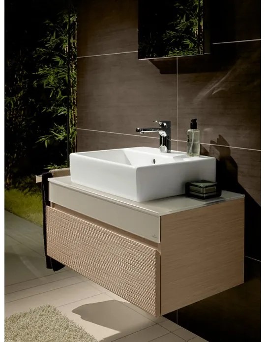 Dulap baza suspendat cu blat sticla, Memento Villeroy&Boch, lavoar stanga, 80.6x46x37cm, stejar deschis/bej, C779L0FC
