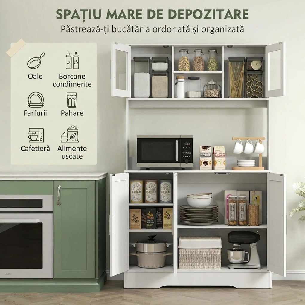 HOMCOM Dulap Bucătărie de 180cm, Dulap Înalt cu 4 Compartimente, Uși din Sticlă Securizată, 2 Rafturi Deschise, Rafturi Reglabile, Blat pentru Electrocasnice, pentru Bucătărie sau Living, Alb | Aosom Romania