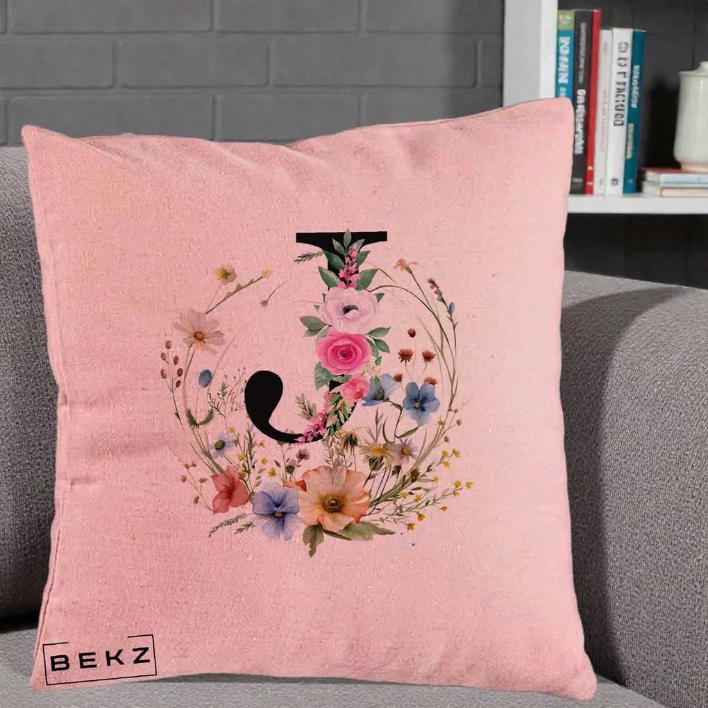 Cadou Personalizat - Perna Personalizata Monogram Litera J cu Flori Acuarela, 40x40 cm, Roz, Husa Detasabila, Perna Inclusa, BEKZ®