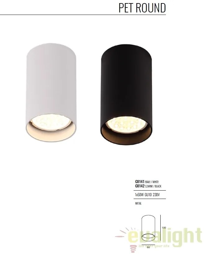 Spot aplicat design modern PET ROUND negru C0142 MX