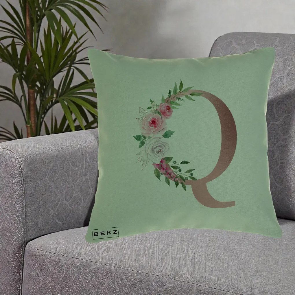 Cadou Personalizat - Perna Personalizata Monograma Rose Gold Litera Q, 40x40 cm, Verde, Husa Detasabila, Perna Inclusa, BEKZ®
