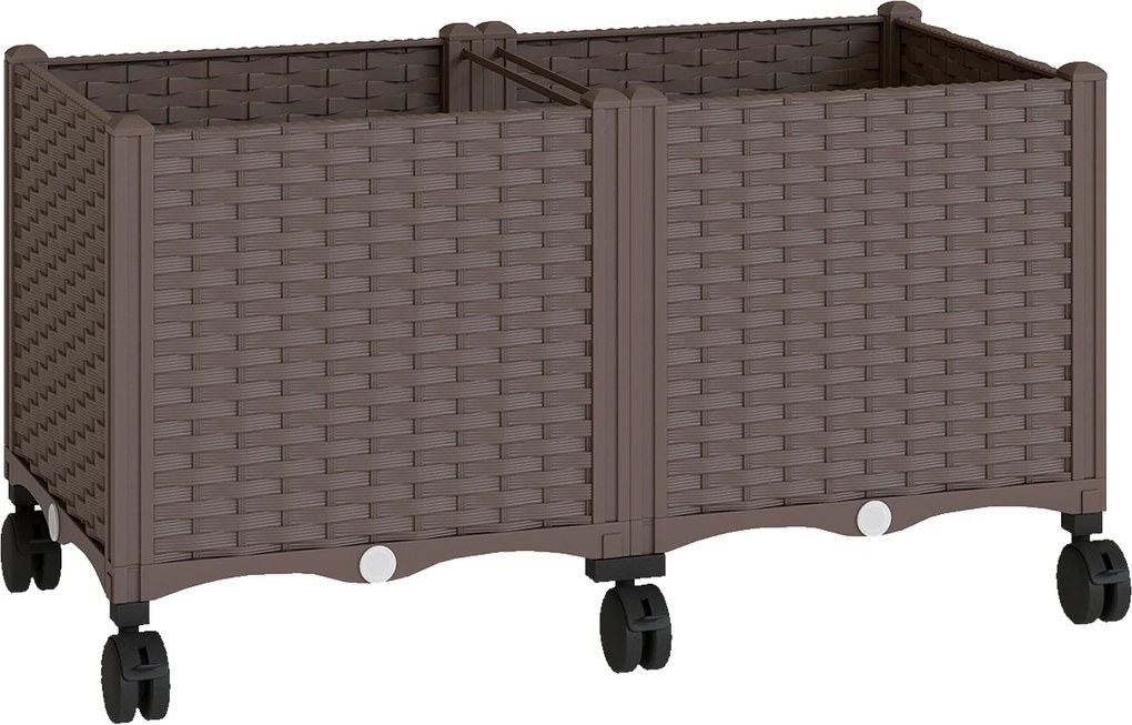 Outsunny Jardinieră Ridicată din Plastic, 85L, Spațiu pentru Grădinărit în Aer Liber cu Roți Blocate, Sistem de Autoirigare, Orificii de Drenaj, Ideală pentru Plante, Legume și Flori, Maro | Aosom Romania