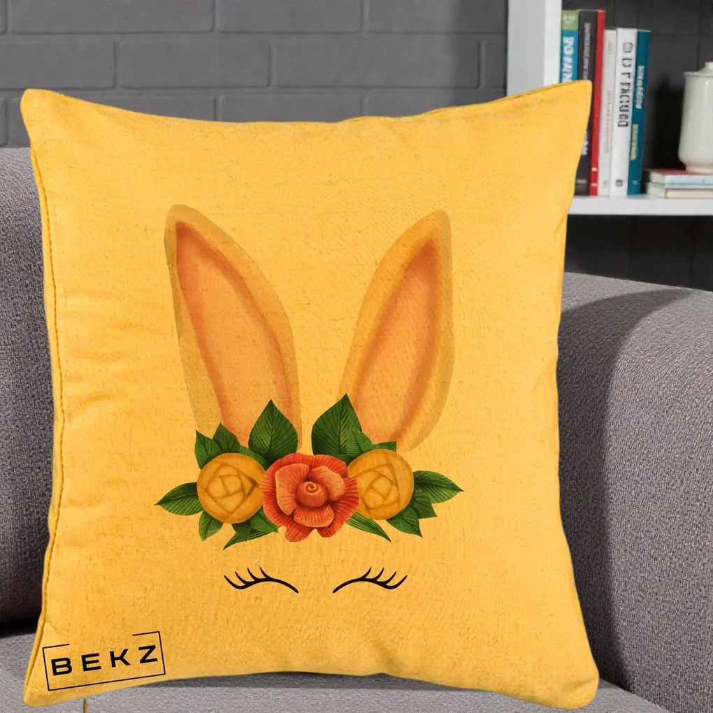 Perna Decorativa Iepuras Flori Urechi Pastelui, 40x40 cm, Galben, Husa Detasabila, Perna Inclusa, BEKZ®