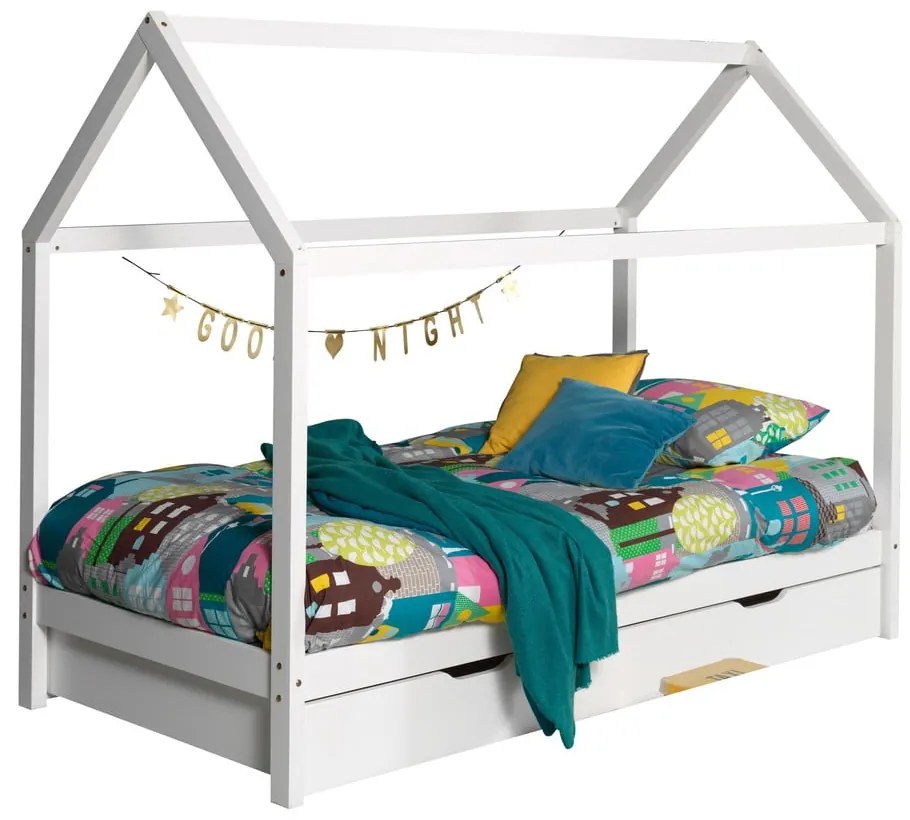 Pat pentru copii alb de tip casă/cu extensie suplimentară din lemn masiv de pin cu spațiu de depozitare 90x200 cm DALLAS – Vipack