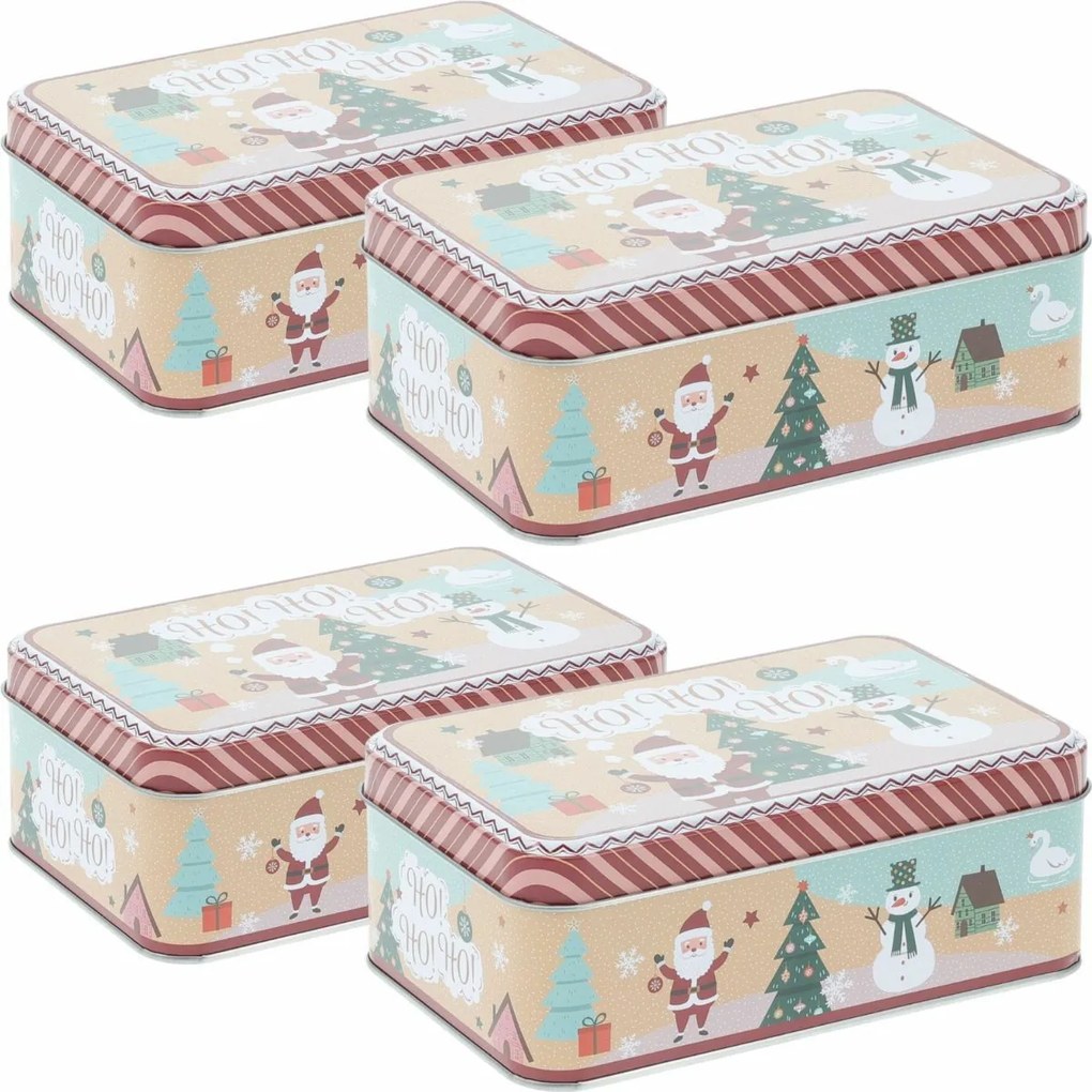 Set de 4 cutii metalice de Crăciun Holly Jolly, 16 × 11 × 5,6 cm, S