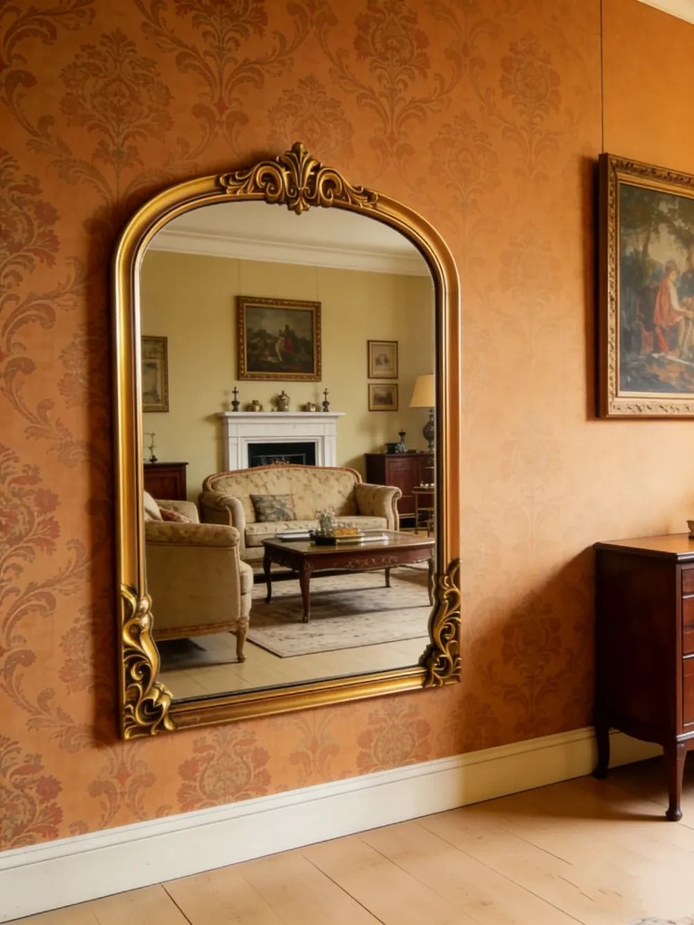 Oglindă decorativă de perete, ramă aurie antichizată, 60x90 cm