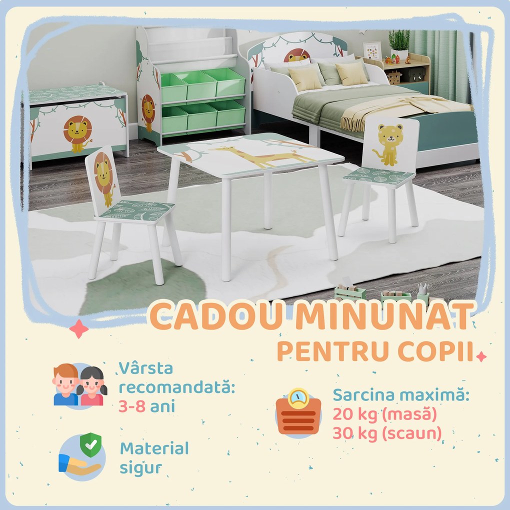 AIYAPLAY Set de Masă și Scaune pentru Copii, 3 Piese, Masă cu 2 Scaune pentru Dormitor, Grădiniță, Sală de Jocuri, Verde | Aosom Romania