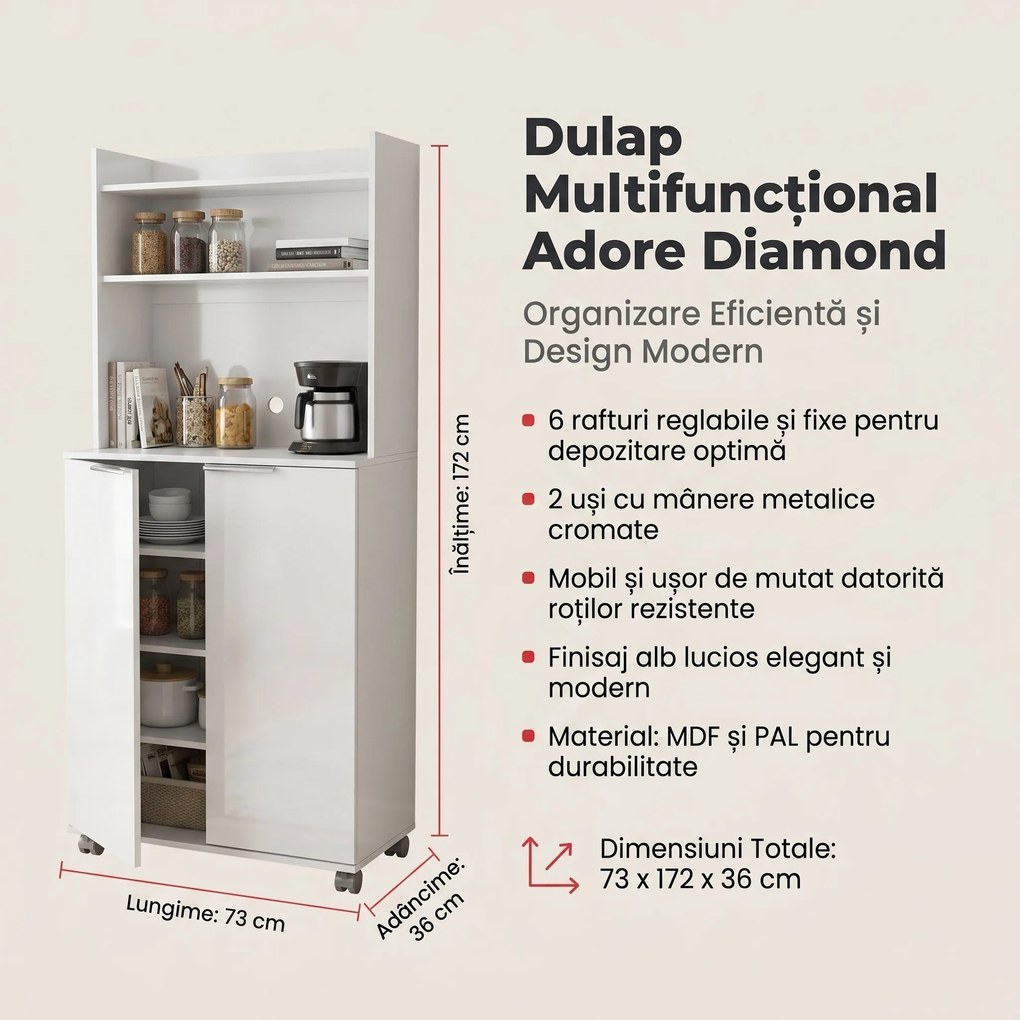 Dulap Multifunctional Adore Diamond, 2 usi, 6 rafturi, cu rotile, Alb Lucios, 73x172x36 cm