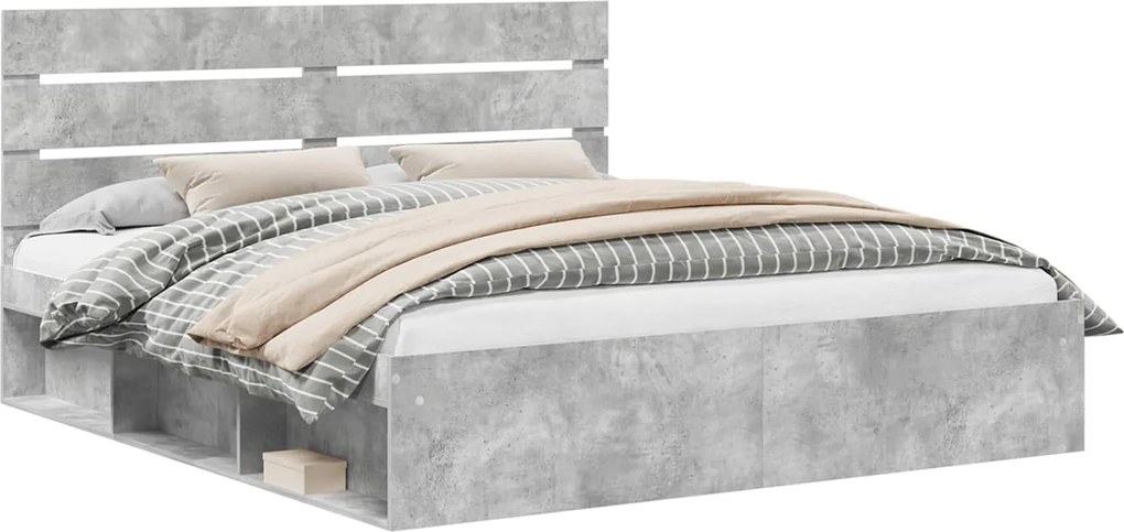 vidaXL Cadru de pat cu headboard Beton 200 x 200 cm Lemn de pin masiv