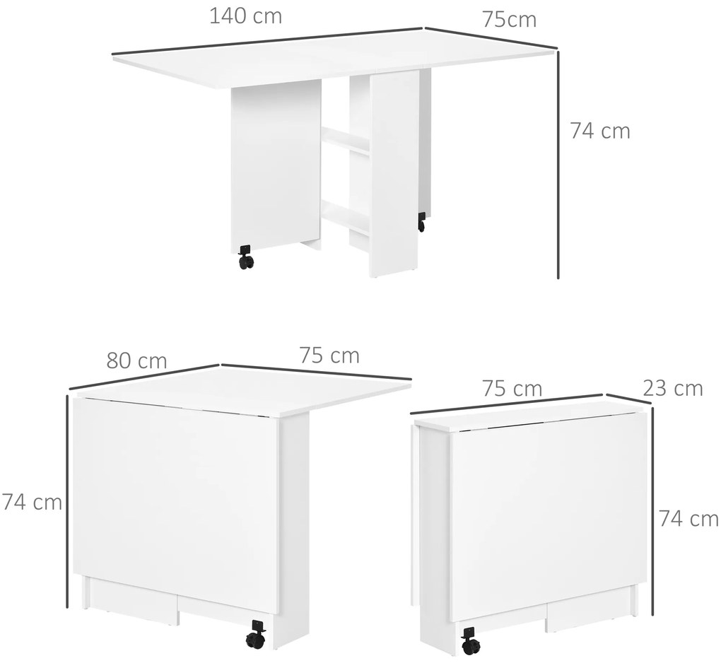 HOMCOM Masă Pliabilă pentru 4-6 Persoane cu 2 Roți și 2 rafturi depozitare, 140x75x74cm, Alb | Aosom Romania