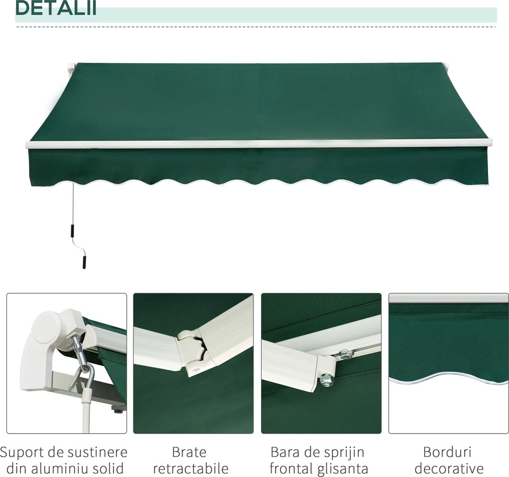 Copertină Retractabilă Manuală Outsunny pentru Verandă, 3x2 m, Verde | Aosom Romania