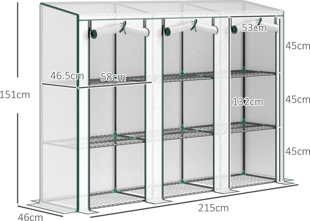 Outsunny Seră de grădină cu rafturi pe 3 niveluri seră pentru balcon 3 uși rulabile cu fermoar 215 x 46 x 151 cm alb | Aosom Romania