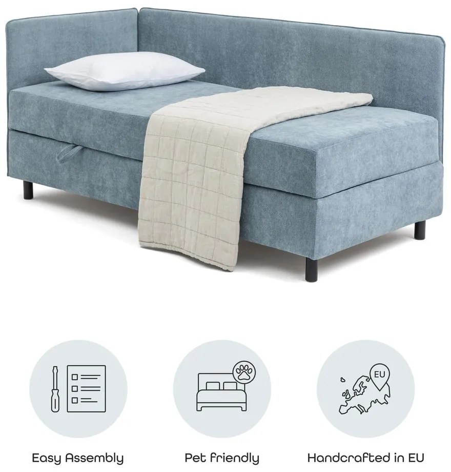 Pat albastru tapițat cu spațiu de depozitare cu saltea 90x200 cm Avela – Bonami Selection