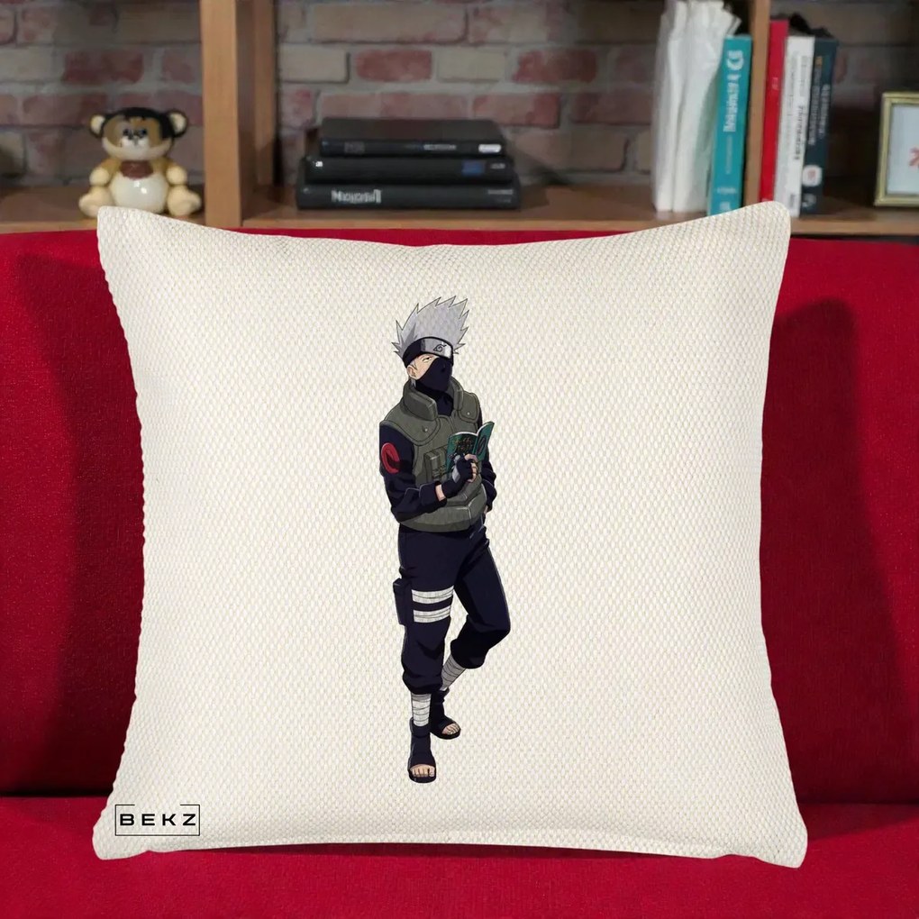 Perna Personalizata Naruto Kakashi Hatake Portret Complet, 40x40 cm, Crem Reliefat, Husa Detasabila, Perna Inclusa, BEKZ®