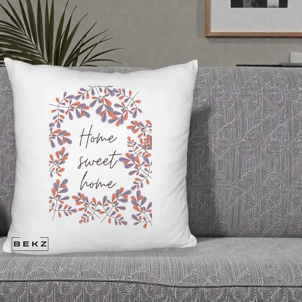 Perna decorativa Home Sweet Home Frunze Colorate, 40x40 cm cu Umplutura, Alb Pufos, BEKZ