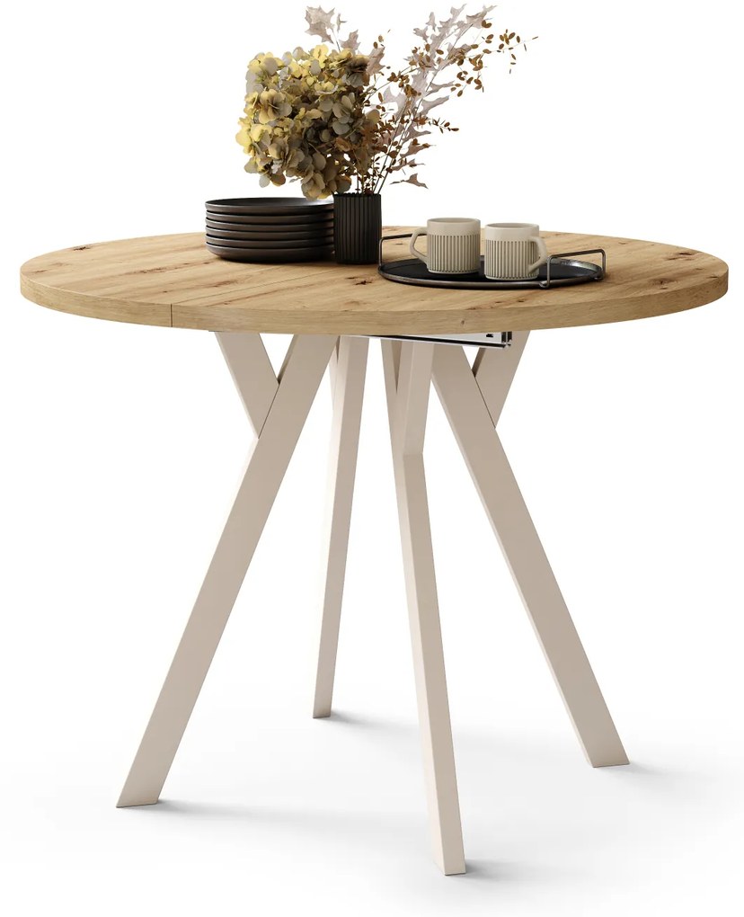 Mazzoni ALDO Stejar Artisan/picioare bej - MASĂ ROTUNDĂ STIL LOFT PENTRU SALON/SUFRAGERIE EXTENSIBILĂ CU PICIOARE ÎN FORMĂ DE "Y"